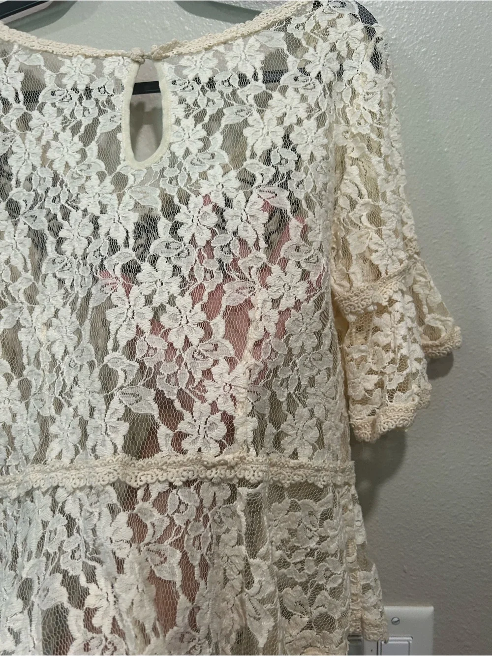 Free People Cream Lace Peplum Top with Navy/Black Appliqué